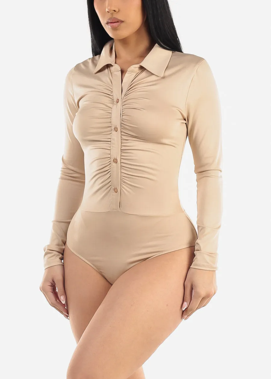 Long Sleeve Ruched Button Up Bodysuit Beige sold by Moda