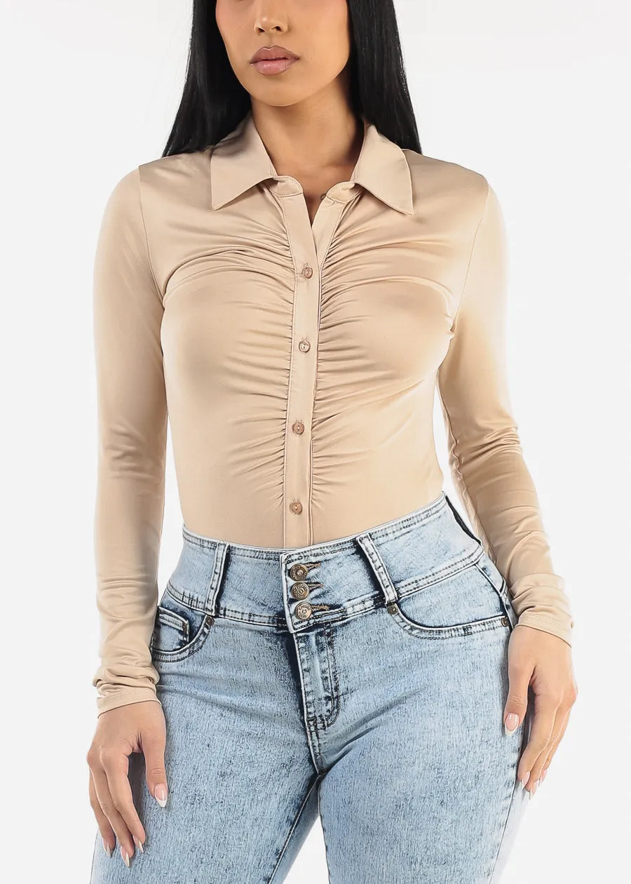 Long Sleeve Ruched Button Up Bodysuit Beige sold by Moda product image thumbnail 5