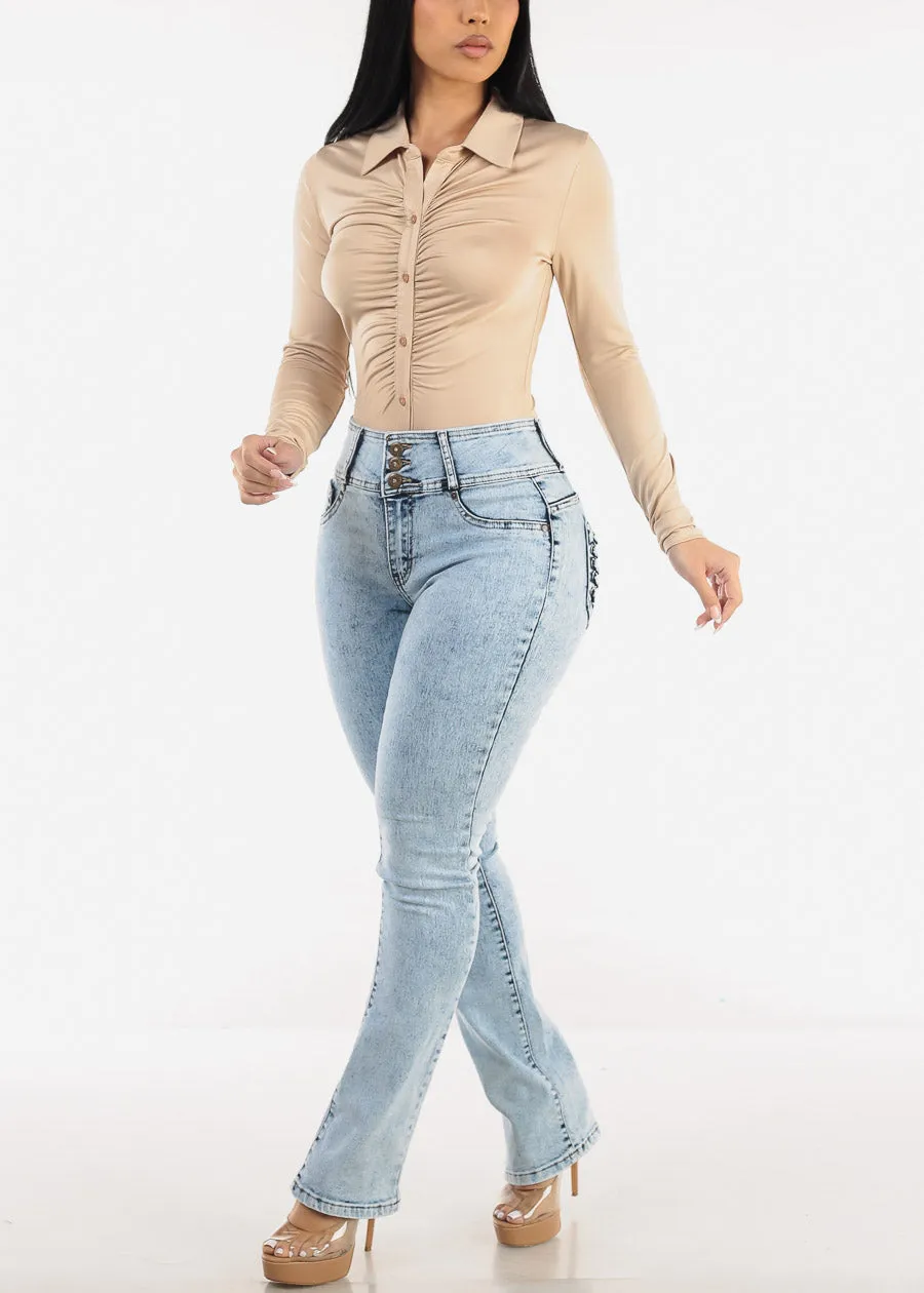 Long Sleeve Ruched Button Up Bodysuit Beige sold by Moda product image thumbnail 2