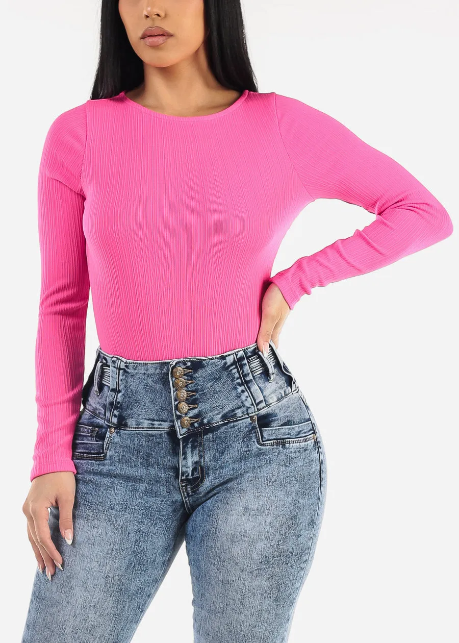 Round Neck Long Sleeve Thong Bodysuit Hot Pink sold by Moda product image thumbnail 5