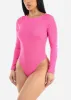 Round Neck Long Sleeve Thong Bodysuit Hot Pink sold by Moda