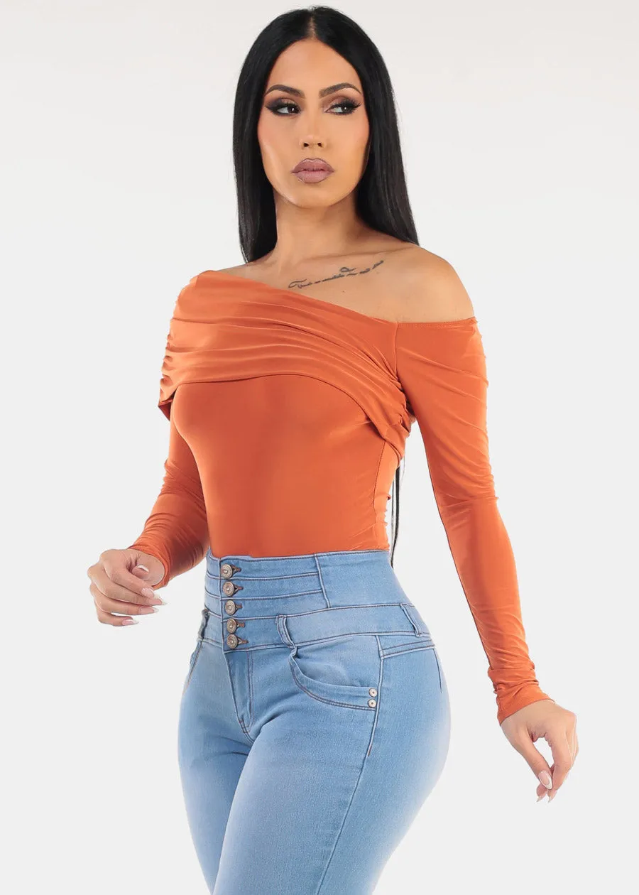 Ruched Long Sleeve Off Shoulder Blouse Rust sold by Moda