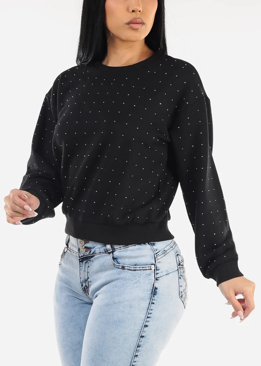 Black Long Sleeve Crewneck Rhinestone Sweatshirt sold by Moda