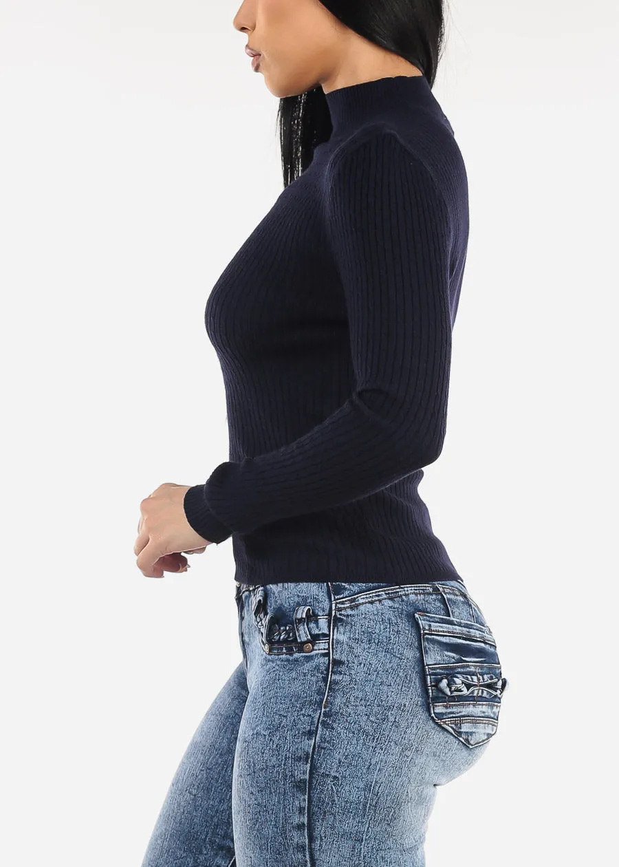 Long Sleeve Mock Neck Ribbed Sweater Navy sold by Moda product image thumbnail 3