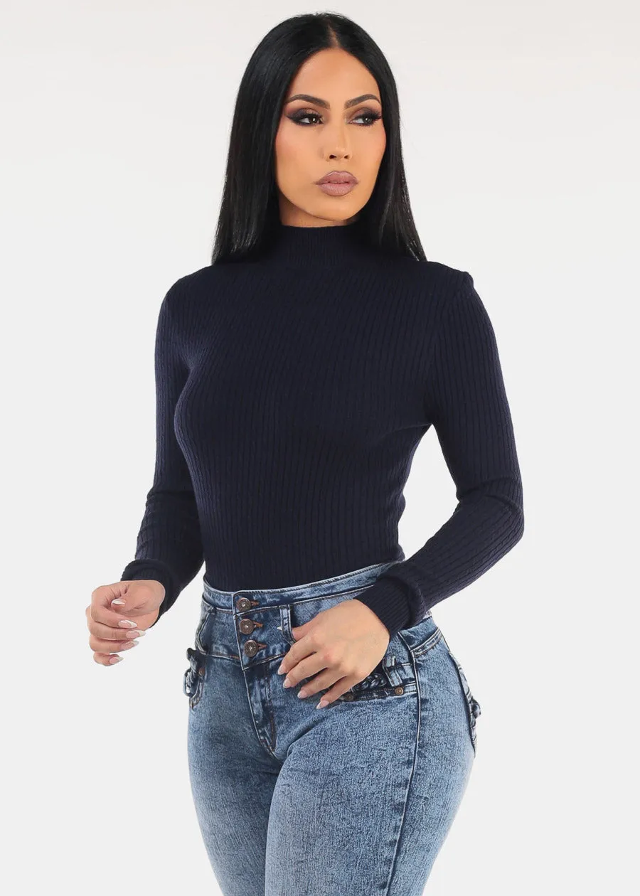 Long Sleeve Mock Neck Ribbed Sweater Navy sold by Moda