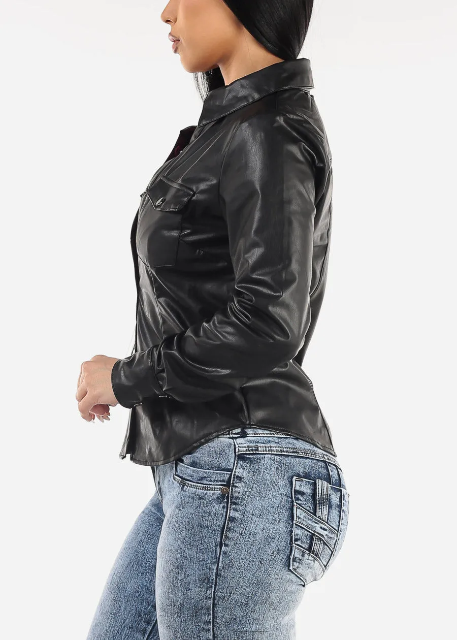 Long Sleeve Button Up Vegan Leather Black Jacket sold by Moda product image thumbnail 3