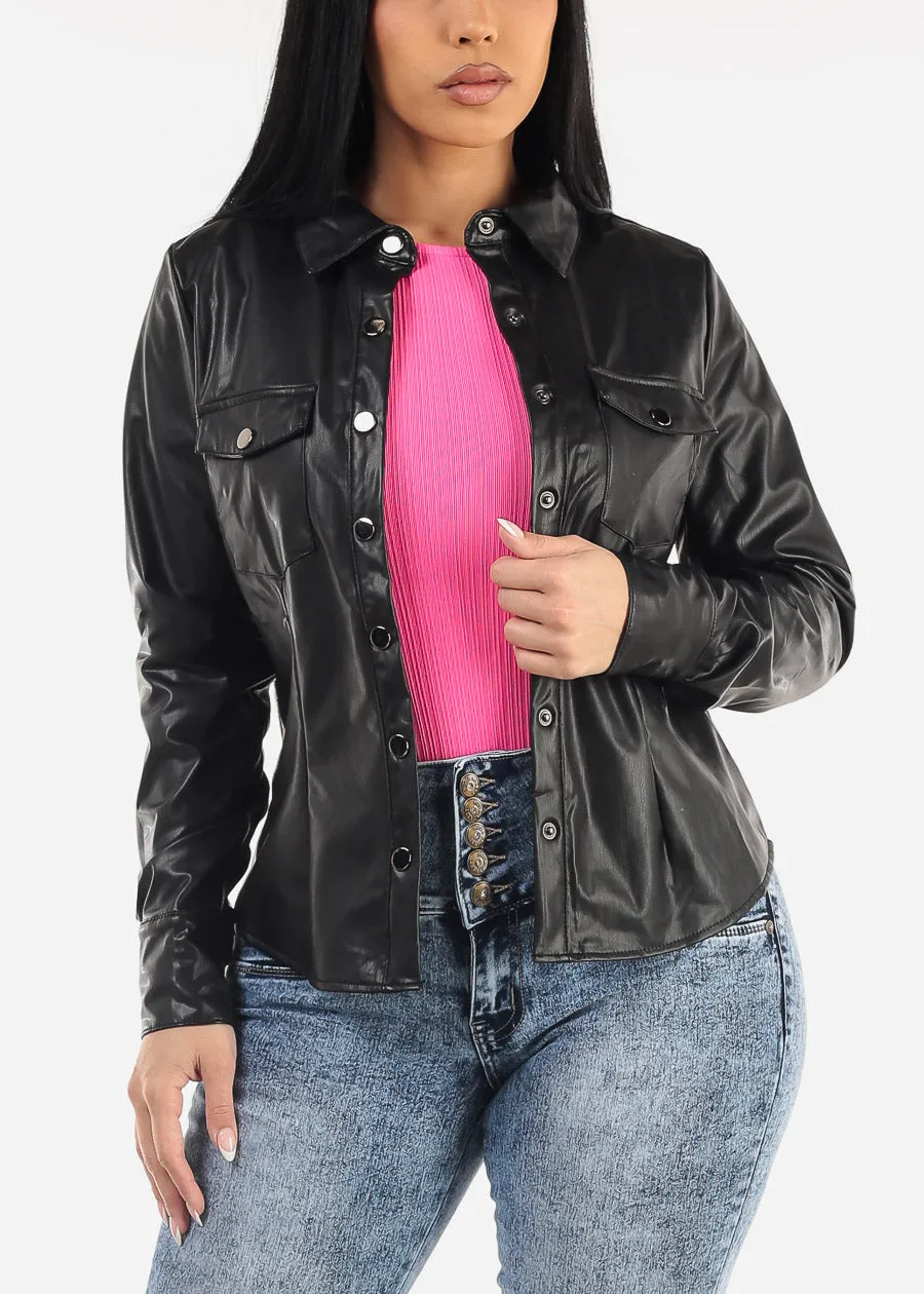 Long Sleeve Button Up Vegan Leather Black Jacket sold by Moda