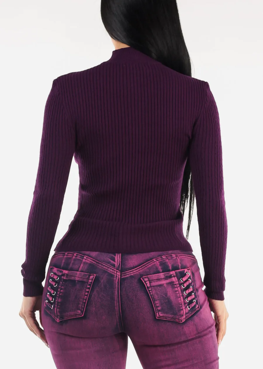 Long Sleeve Mock Neck Ribbed Sweater Purple sold by Moda product image thumbnail 4
