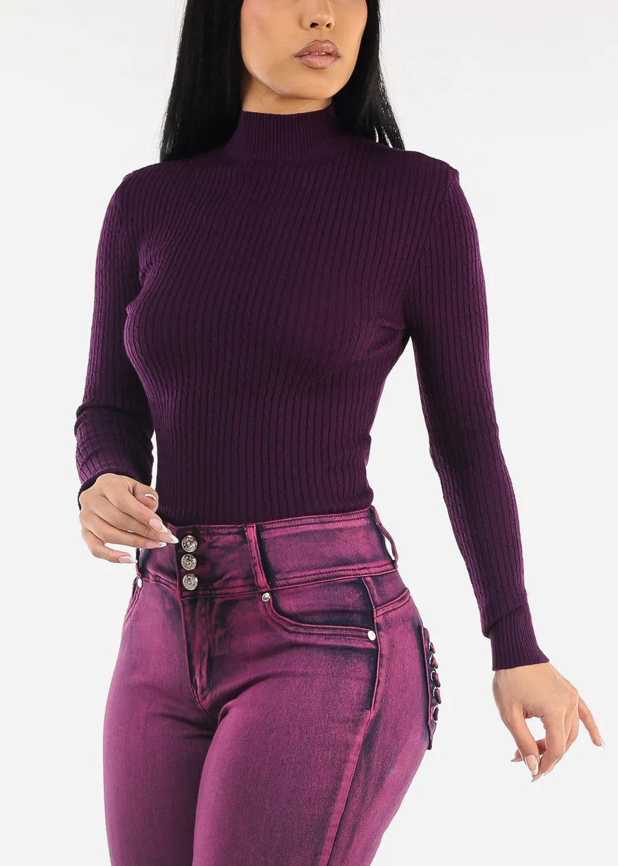 Long Sleeve Mock Neck Ribbed Sweater Purple sold by Moda