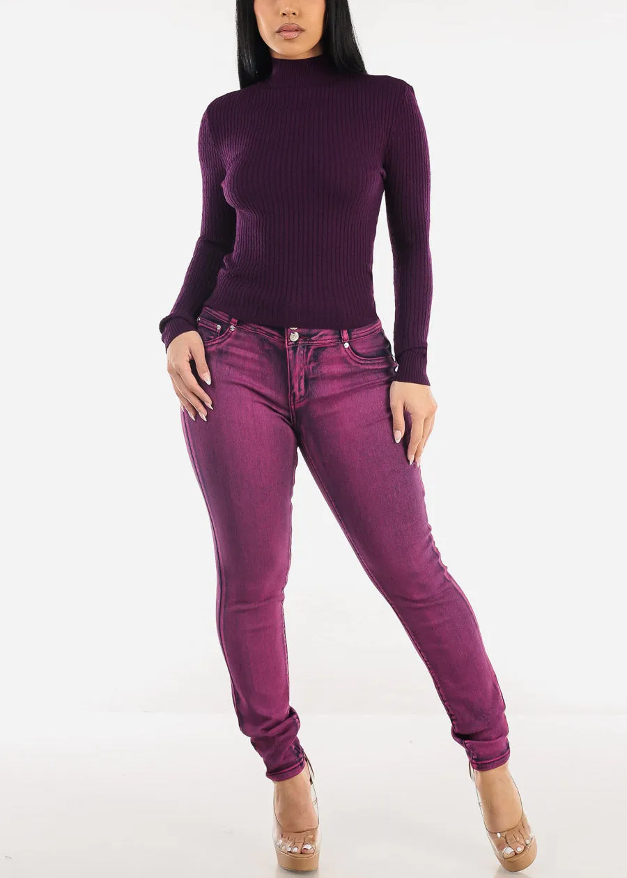 Long Sleeve Mock Neck Ribbed Sweater Purple sold by Moda product image thumbnail 2