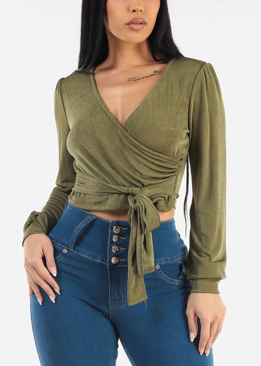 Long Sleeve Surplice Tie Front Blouse Olive sold by Moda product image thumbnail 5