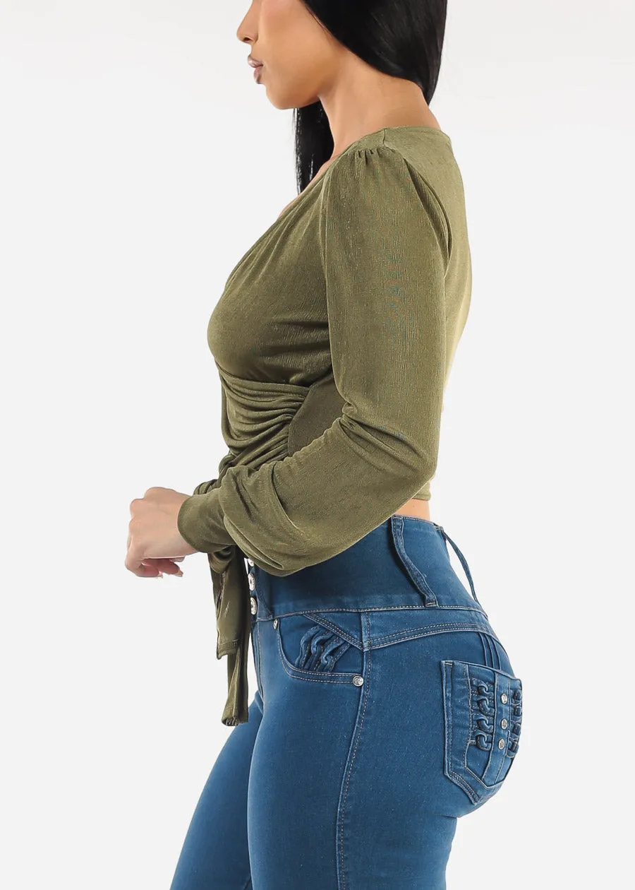 Long Sleeve Surplice Tie Front Blouse Olive sold by Moda product image thumbnail 3