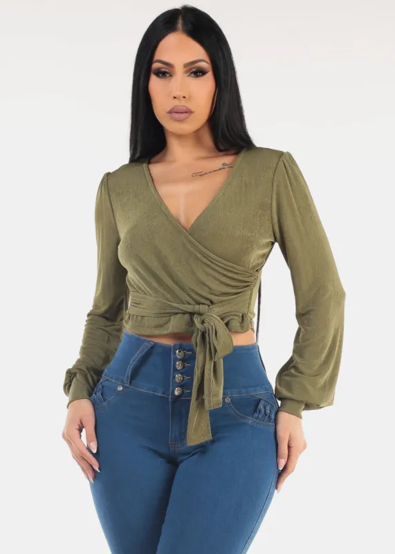 Long Sleeve Surplice Tie Front Blouse Olive sold by Moda