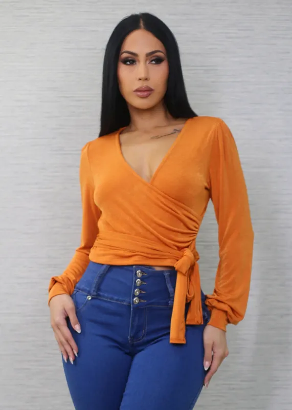 Long Sleeve Surplice Tie Front Blouse Orange sold by Moda