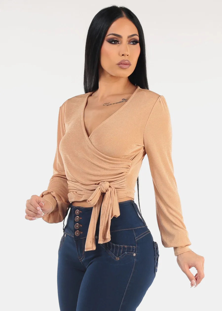 Long Sleeve Surplice Tie Front Blouse Beige sold by Moda product image thumbnail 3