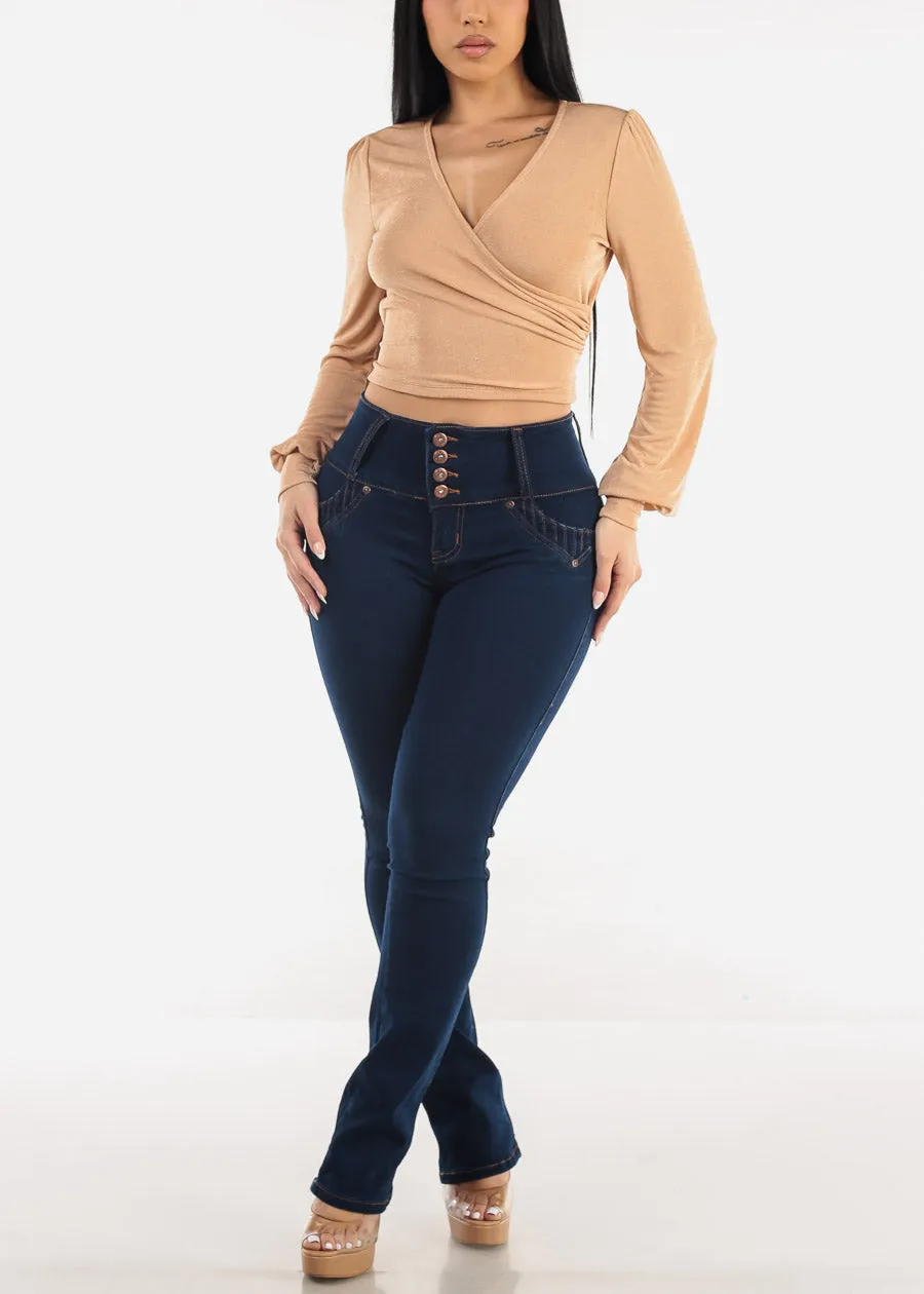 Long Sleeve Surplice Tie Front Blouse Beige sold by Moda product image thumbnail 4