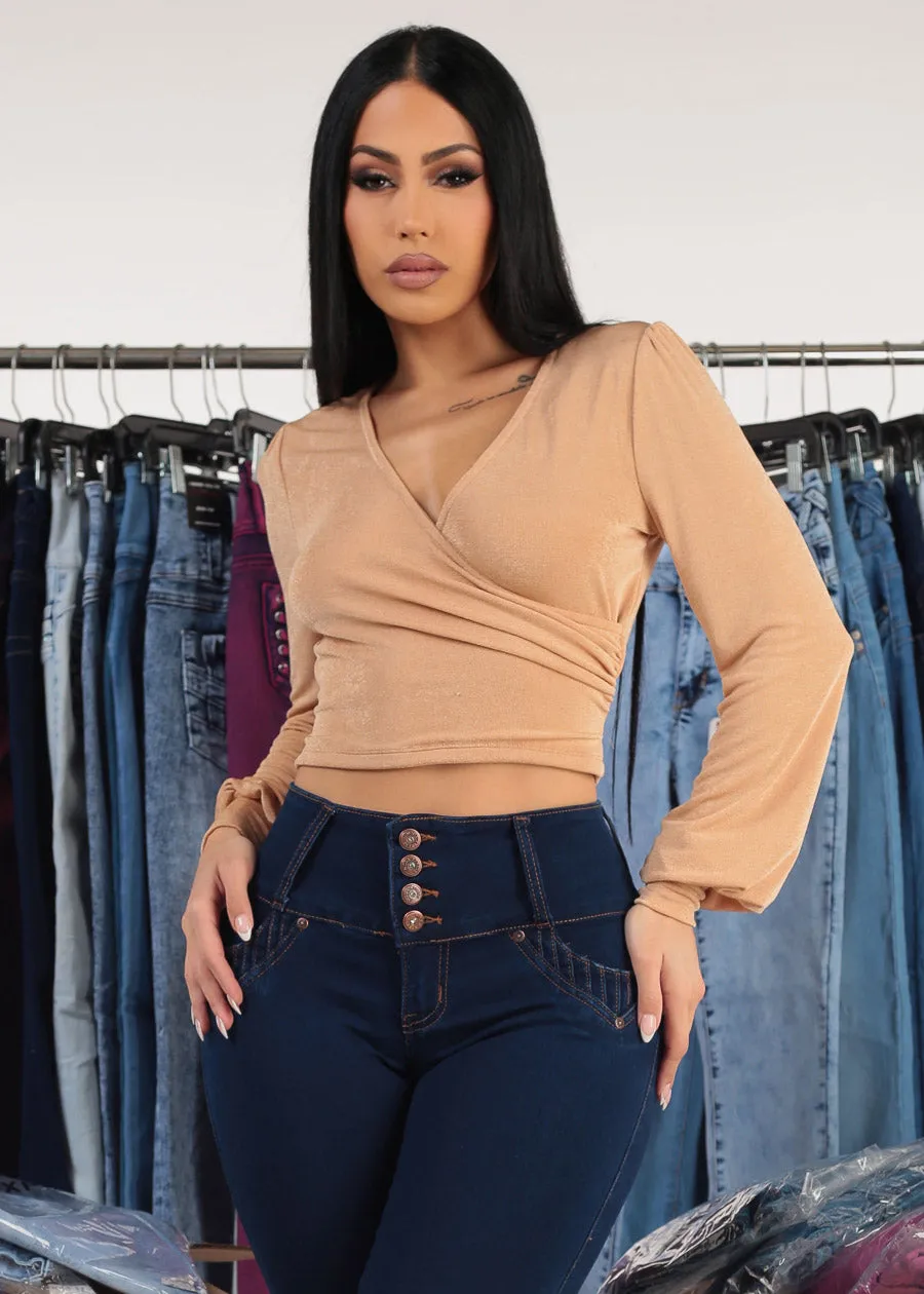 Long Sleeve Surplice Tie Front Blouse Beige sold by Moda