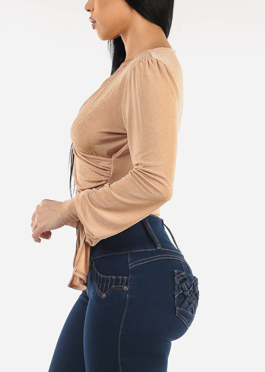 Long Sleeve Surplice Tie Front Blouse Beige sold by Moda product image thumbnail 5
