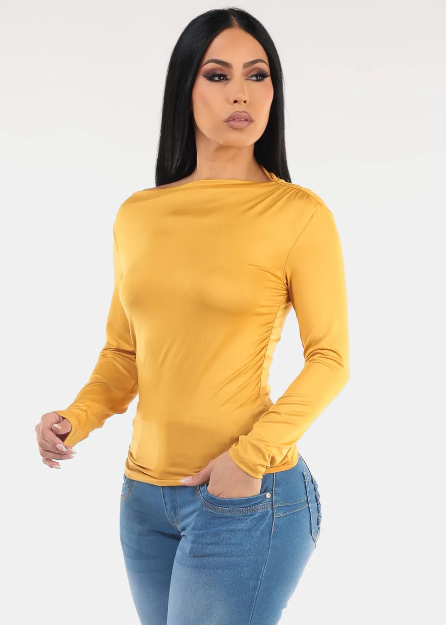 Ruched Long Sleeve Boat Neckline Top Mustard sold by Moda
