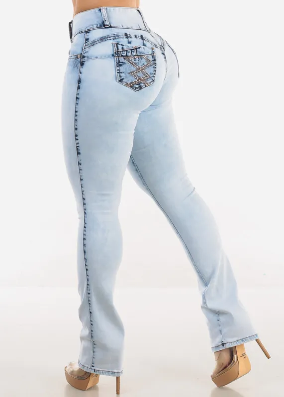 MX JEANS Butt Lift Mid Rise Bootcut Jeans Acid Wash sold by Moda