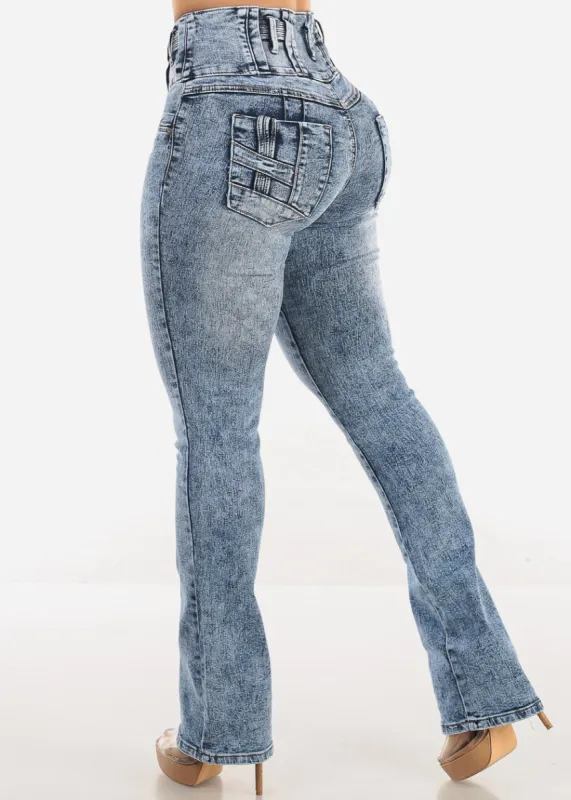 MX JEANS Butt Lift High Waist Acid Wash Bootcut Jeans sold by Moda