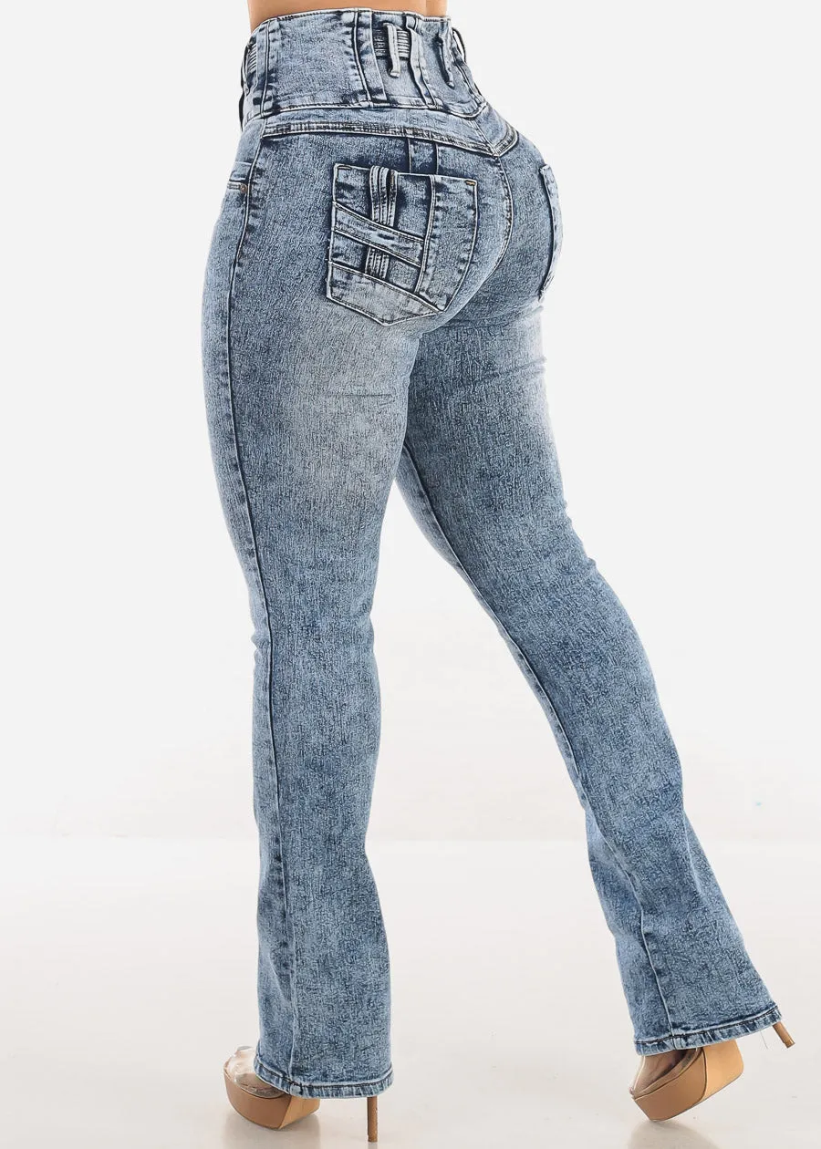 MX JEANS Butt Lift High Waist Acid Wash Bootcut Jeans sold by Moda
