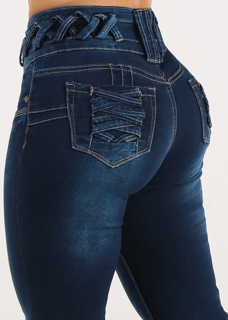 MX JEANS Butt Lift High Waist Dark Skinny Jeans w Lace Up Design sold by Moda