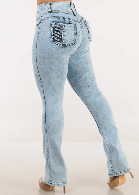 MX JEANS Butt Lift High Waist Bootcut Jeans Light Acid Wash sold by Moda