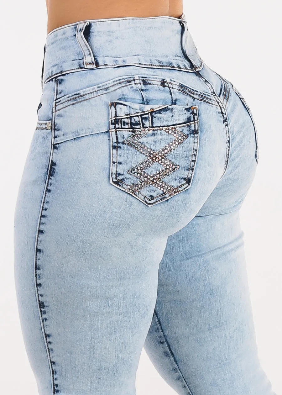 MX JEANS Butt Lift Mid Rise Light Acid Wash Skinny Jeans sold by Moda