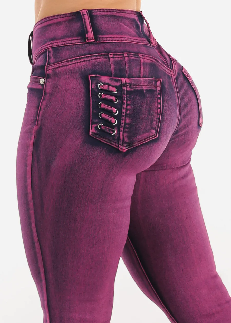 MX JEANS Butt Lift High Waist Acid Wash Skinny Jeans Purple sold by Moda