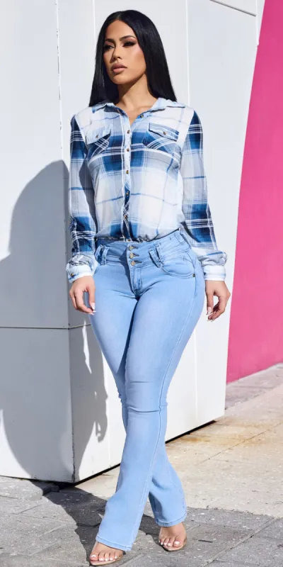 Plaid Butt Lift Bootcut Denim Set sold by Moda