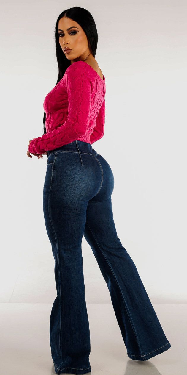 High Waist Butt Lifting Flared Jeans with Hot Pink Cropped Cable Knit Boat Neck Sweater sold by Moda product image thumbnail 2