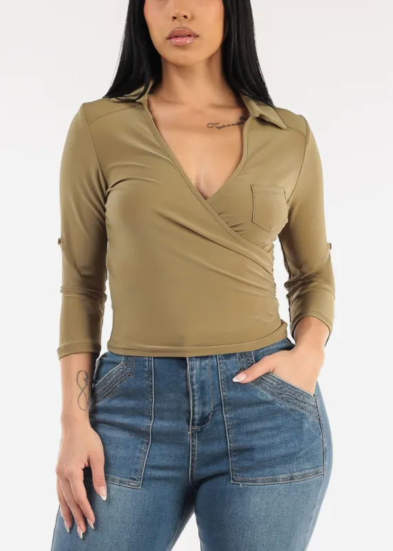 Quarter Sleeve Surplice Blouse Olive sold by Moda