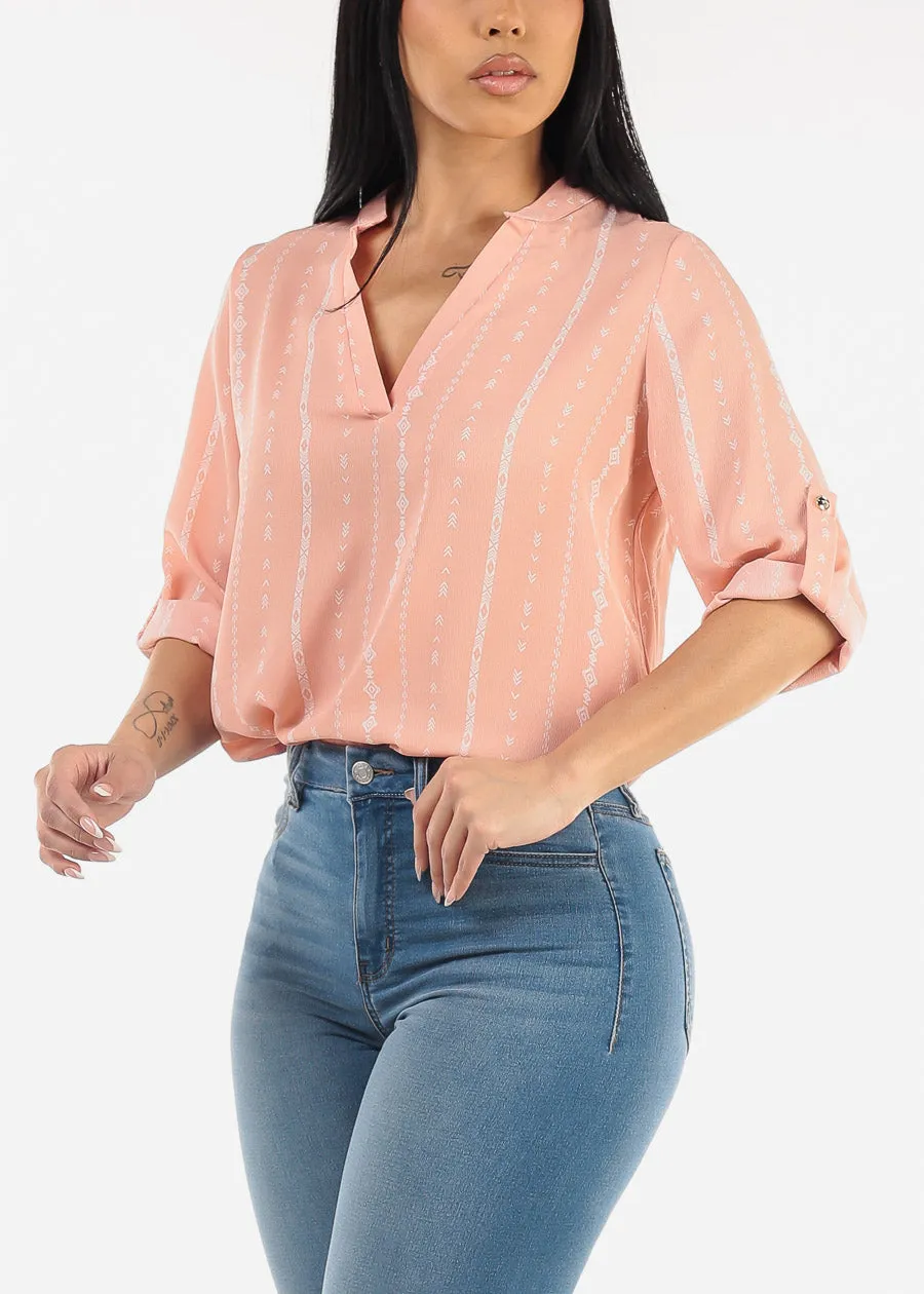 Quarter Sleeve Vneck Printed Blouse Pink sold by Moda