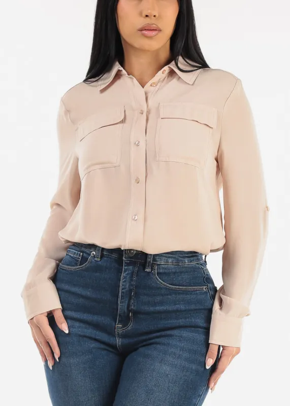 Long Sleeve Button Down Collared Blouse Beige sold by Moda
