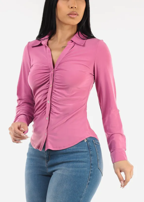 Ruched Button Down Long Sleeve Blouse Pink sold by Moda