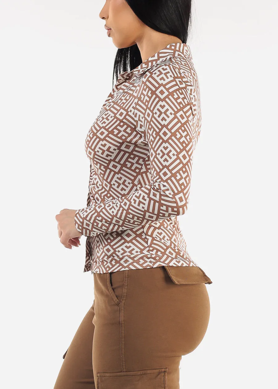 Long Sleeve Ruched Button Up Printed Blouse Mocha sold by Moda product image thumbnail 3