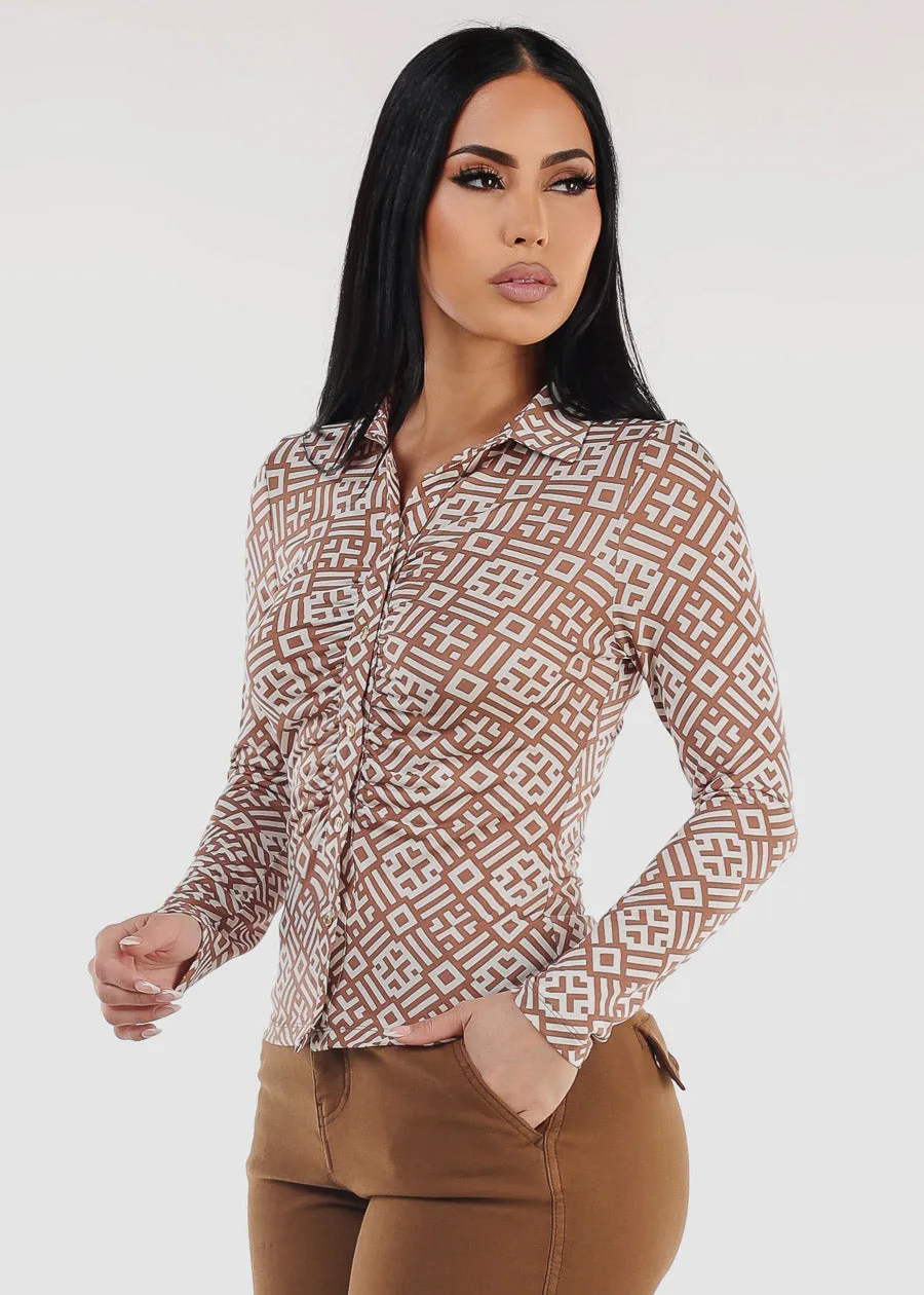 Long Sleeve Ruched Button Up Printed Blouse Mocha sold by Moda