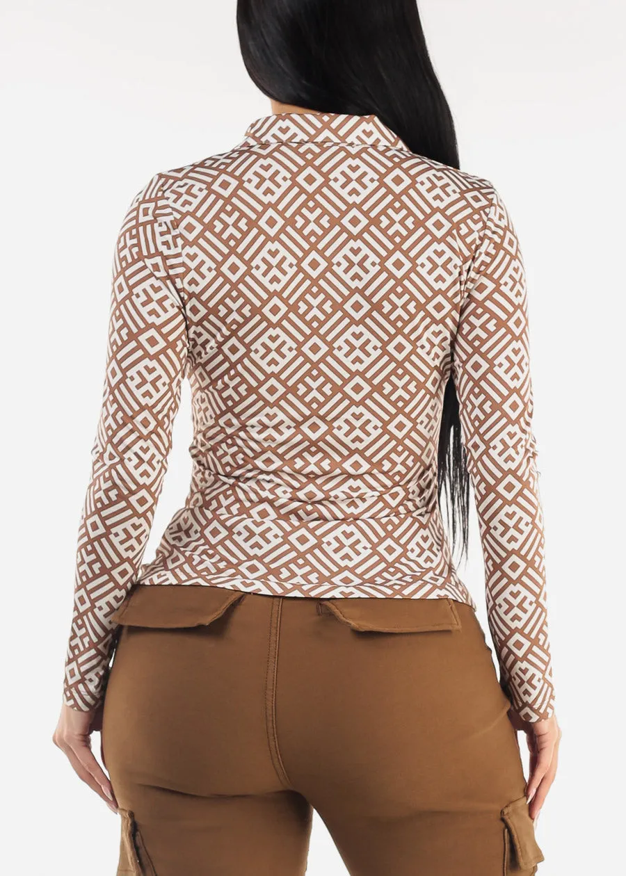 Long Sleeve Ruched Button Up Printed Blouse Mocha sold by Moda product image thumbnail 4