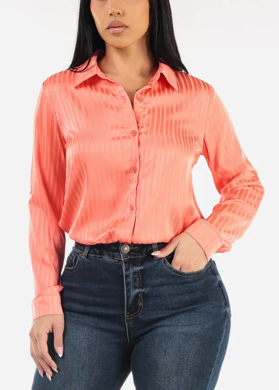 Long Sleeve Button Down Satin Stripe Blouse Coral sold by Moda