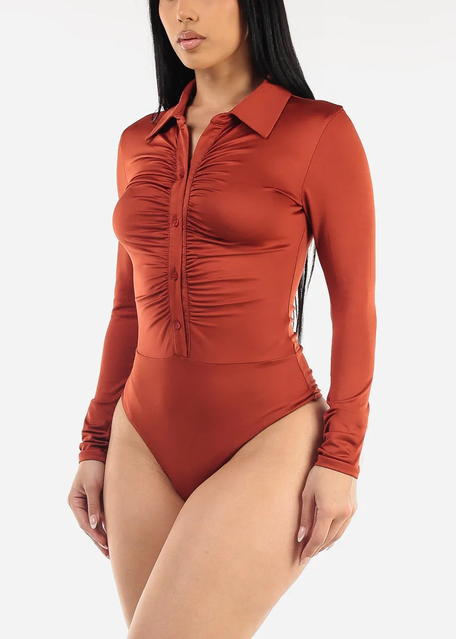 Long Sleeve Ruched Button Up Bodysuit Rust sold by Moda