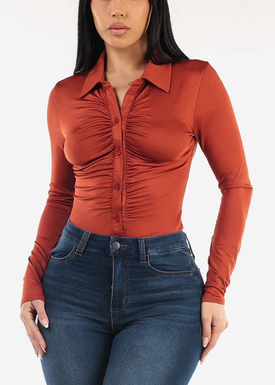Long Sleeve Ruched Button Up Bodysuit Rust sold by Moda product image thumbnail 5