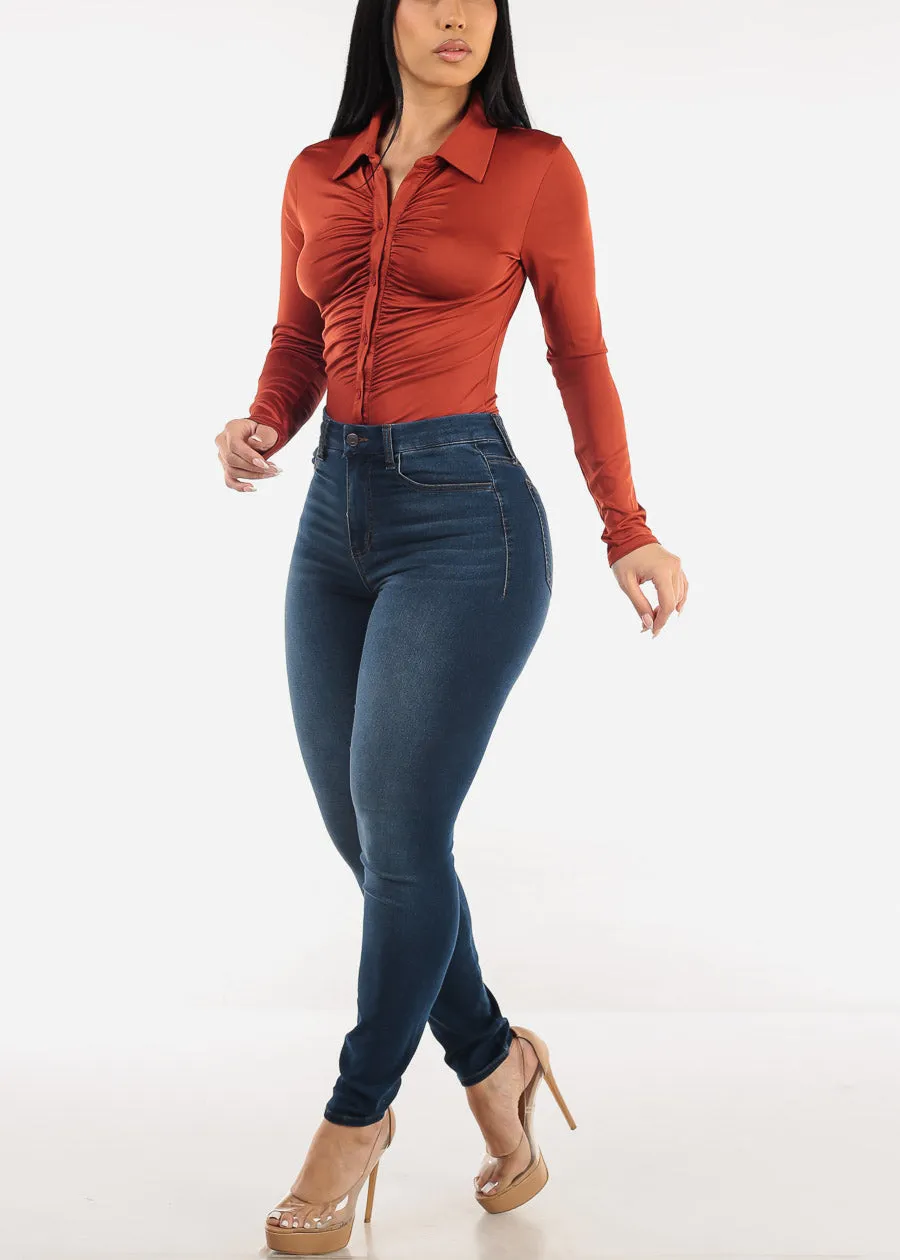 Long Sleeve Ruched Button Up Bodysuit Rust sold by Moda product image thumbnail 2