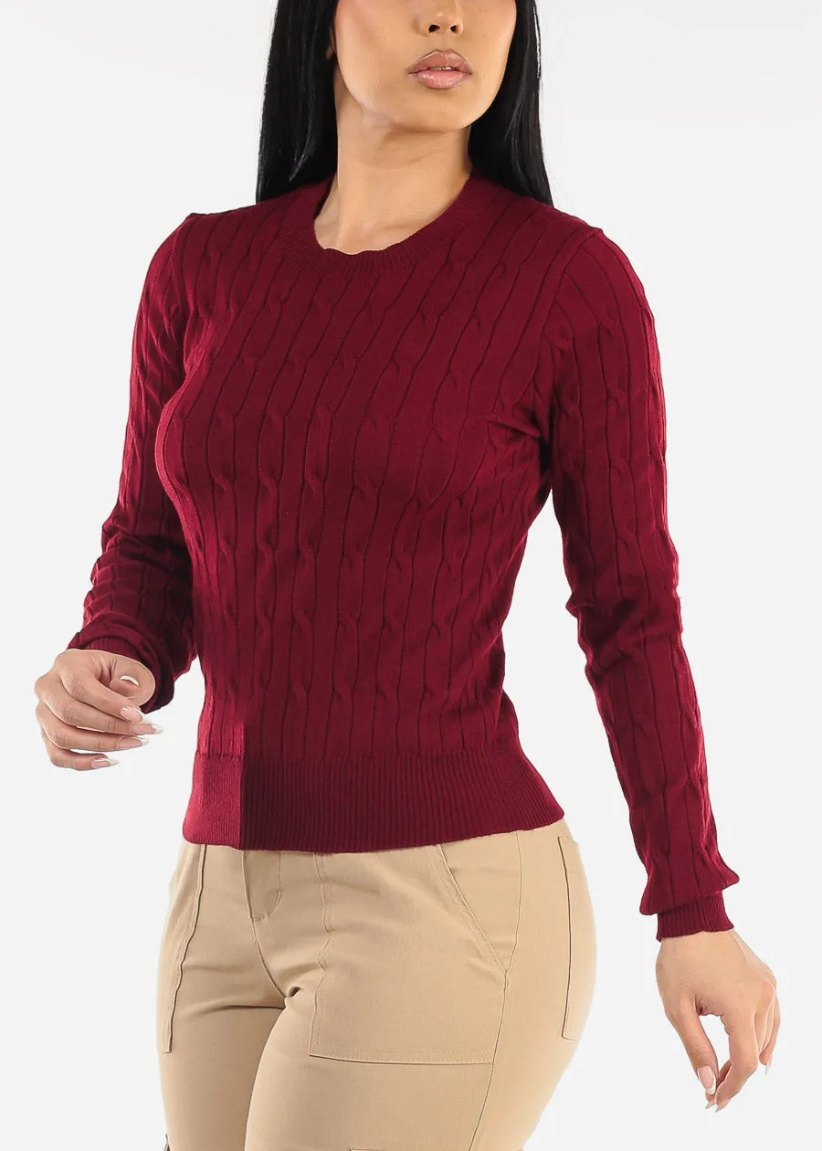 Long Sleeve Crewneck Cable Knit Sweater Burgundy sold by Moda
