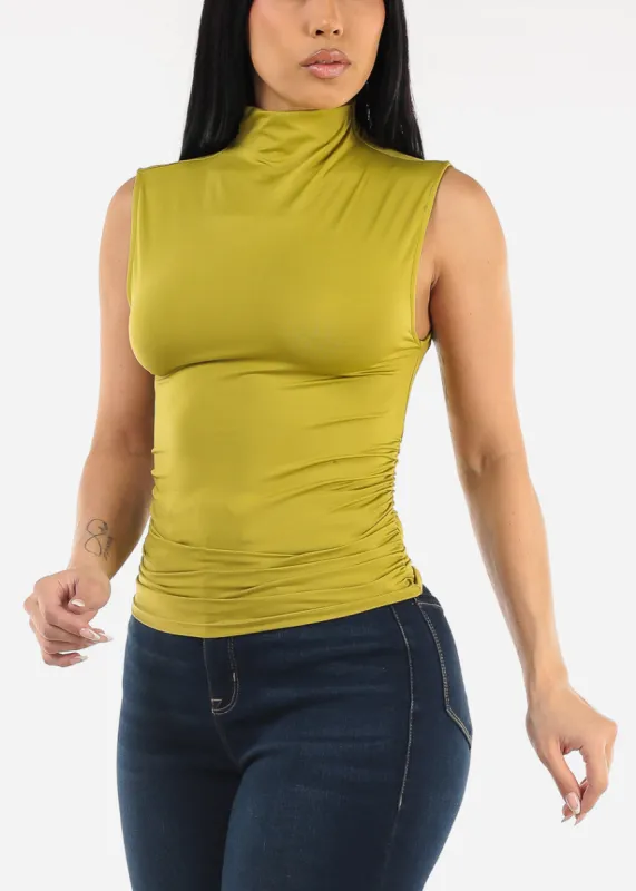 Sleeveless High Neck Blouse Light Green w Ruched Sides sold by Moda
