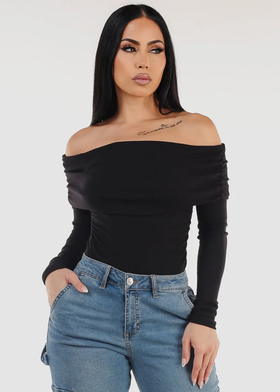 Ruched Off Shoulder Black Top sold by Moda