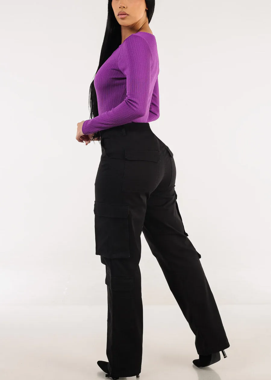 Super High Waist Straight Wide Leg Cargo Jeans Black sold by Moda product image thumbnail 5