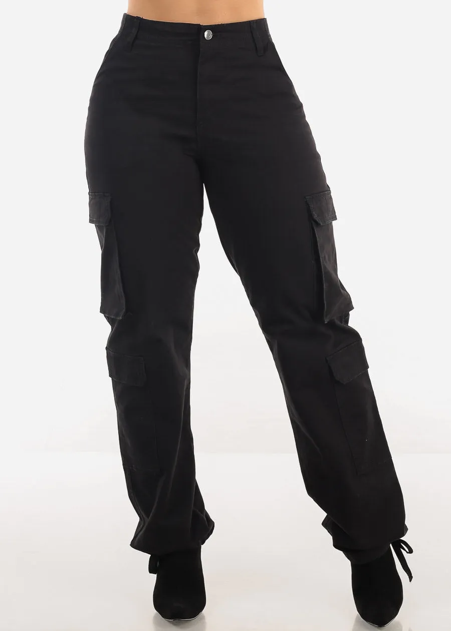 Super High Waist Straight Wide Leg Cargo Jeans Black sold by Moda