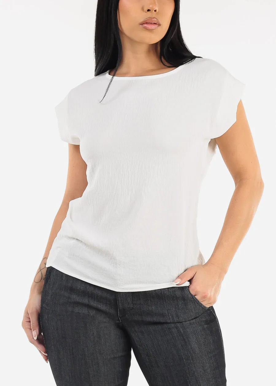 Cap Sleeve White Crewneck Blouse sold by Moda