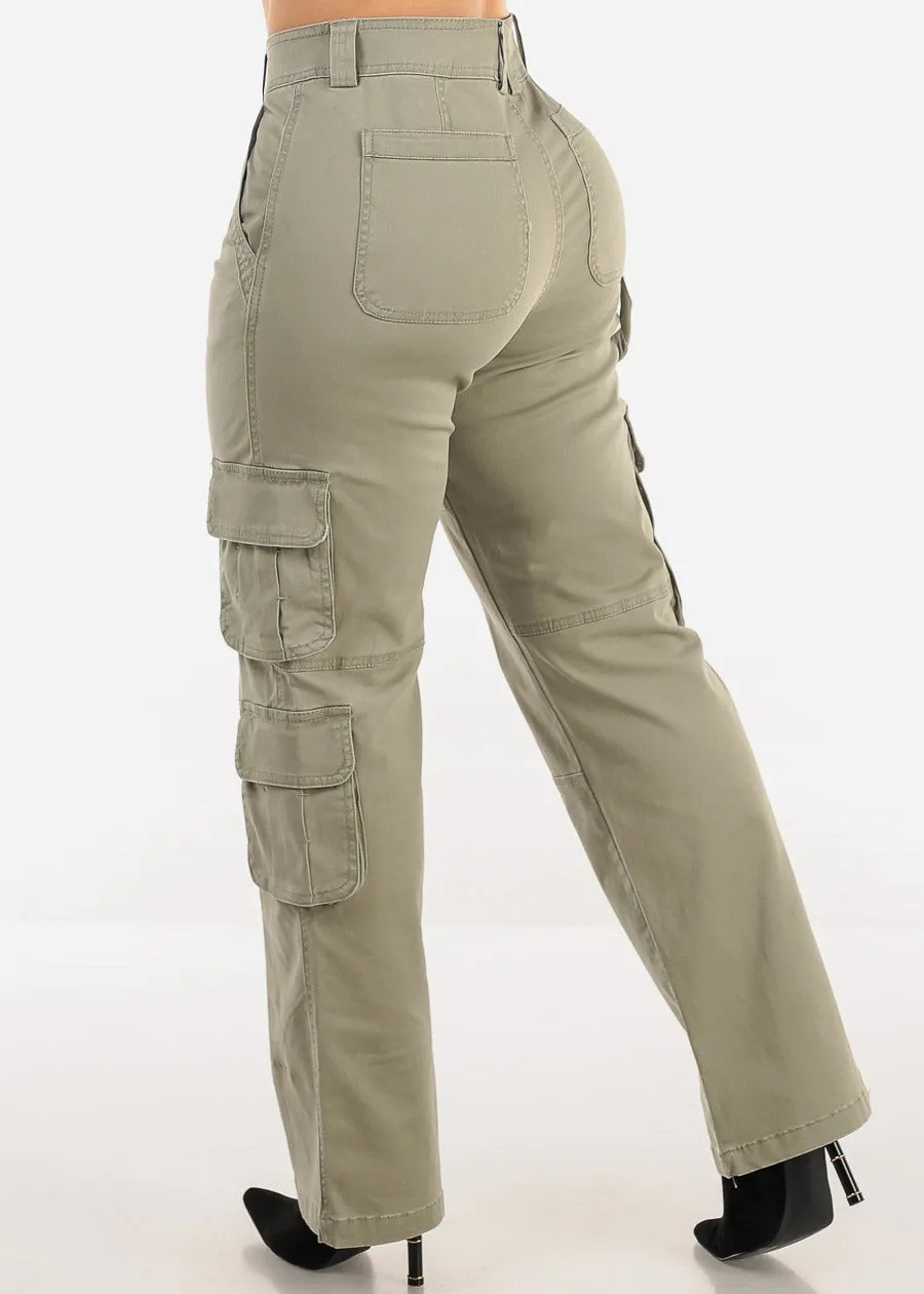 Butt Lift Straight Wide Leg Cargo Jeans Light Olive sold by Moda